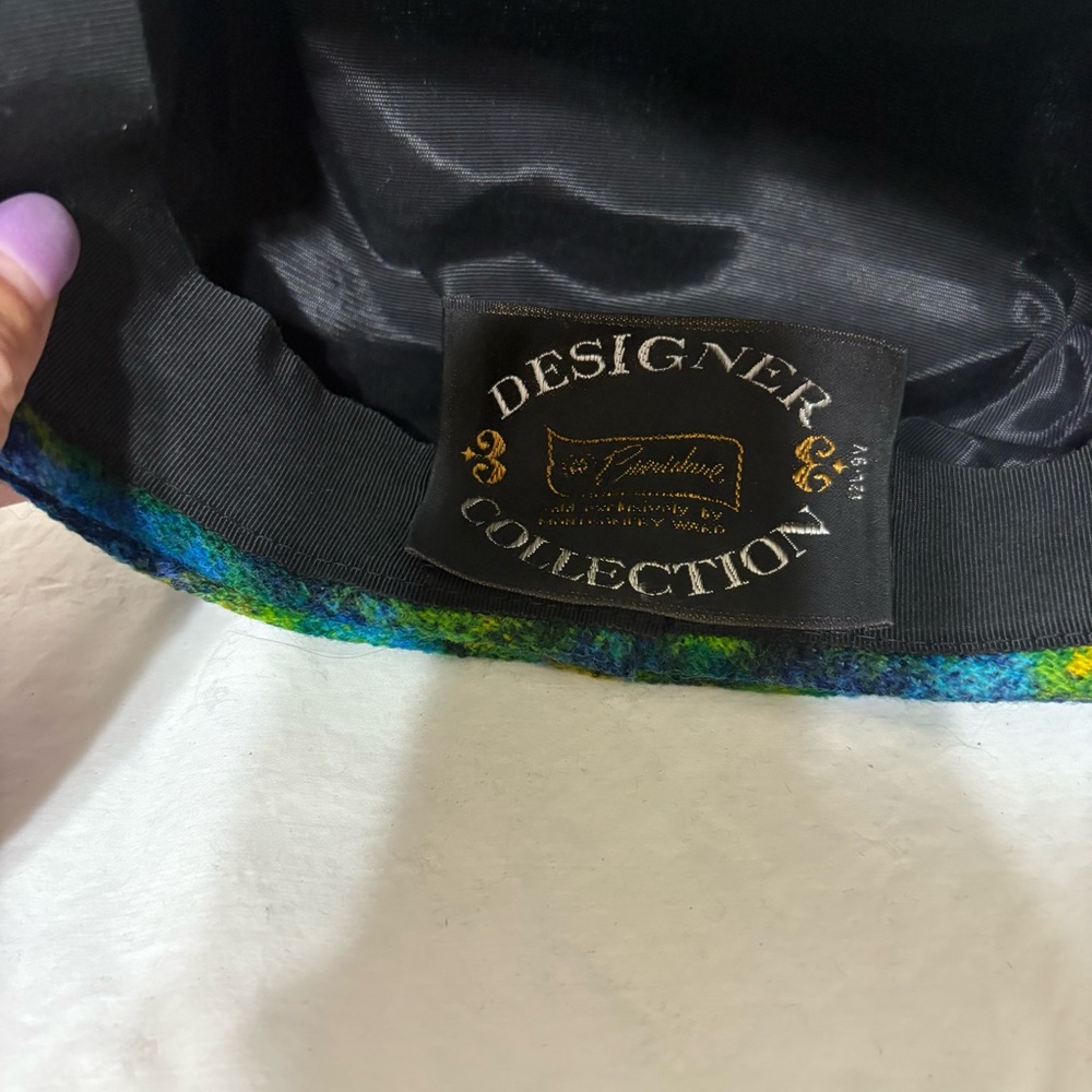 Frank M. Benson fuzzy cap hat in a multi-color design of blues and greens. - Picture 5 of 6